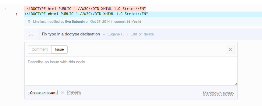 Creating an issue on a line of code